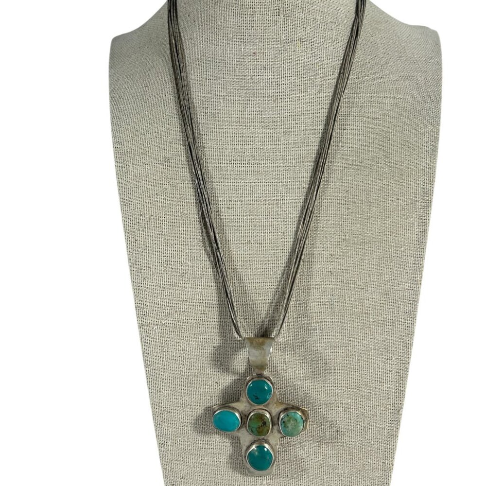 Jay King DTR Sterling Silver Turquoise Cross Pendant Necklace Multi Strand Chain